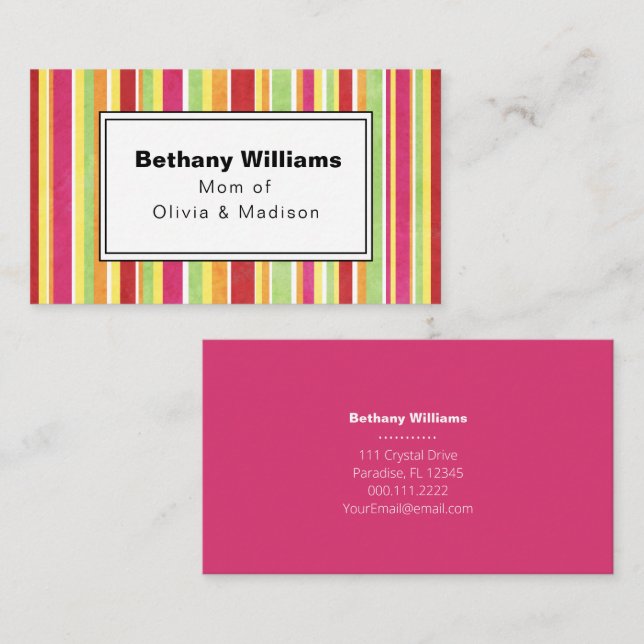 Mum Playdate Simple Pink Green Stripe Calling Card (Front/Back)
