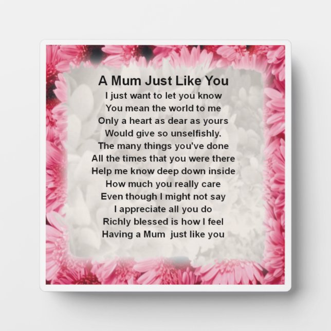 Mum Poem Plaque  -  Pink Floral  Design (Front)