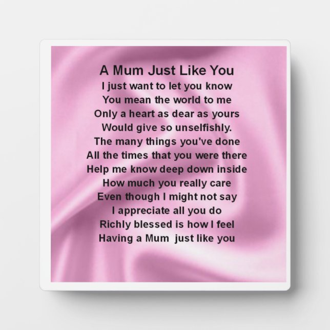 Mum Poem Plaque  -  Pink Silk   Design (Front)