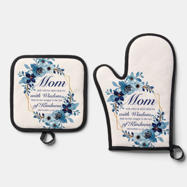 Mum - Proverbs 31:26 Mother's Day Scripture Floral Oven Mitt & Pot Holder Set (Front)