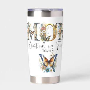 Mum rooted in faith floral butterfies insulated tumbler