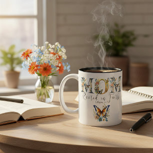 Mum rooted in faith floral butterfies Two-Tone coffee mug