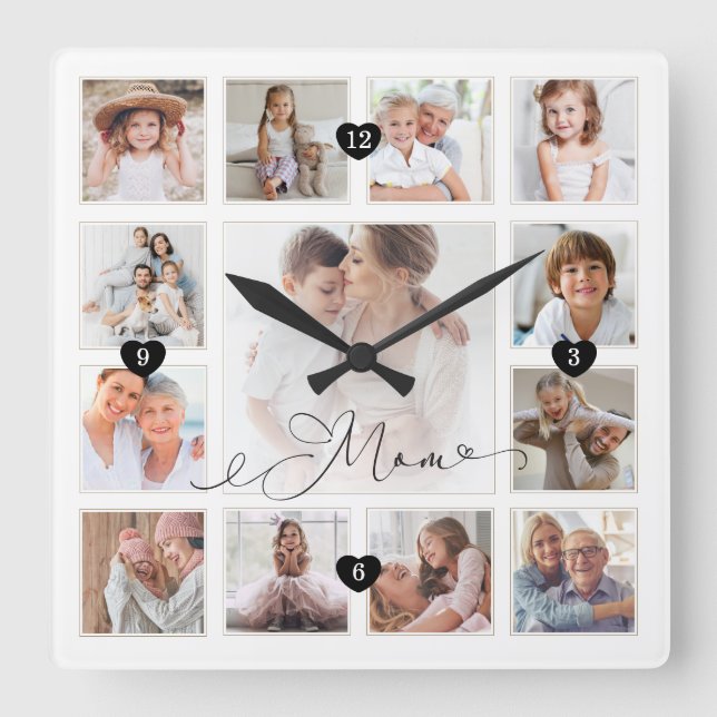 Mum Script Family Memory Photo Grid Collage Square Wall Clock (Front)