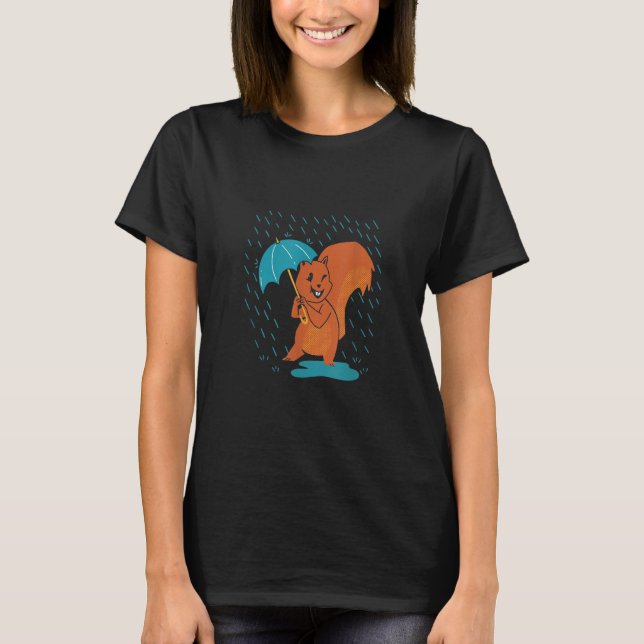 Mum Squirrel With Umbrella Under Rain   Animal Zoo T-Shirt (Front)