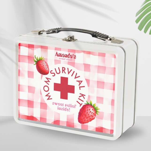 Mum Survival Kit Strawberry Gingham New Baby Gift Metal Lunch Box (Mom survival kit new baby shower gift tin box diy idea strawberry gingham mother fun retro hamper)