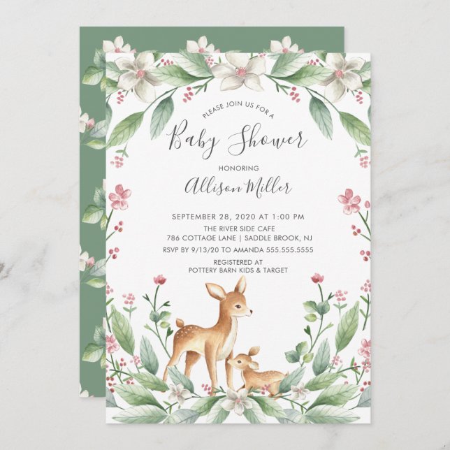 Mum & Sweet Baby Deer Neutral Baby Shower Invitation (Front/Back)