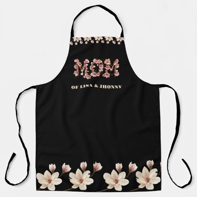  Mum Text with blossoms and Kid Names Apron (Front)