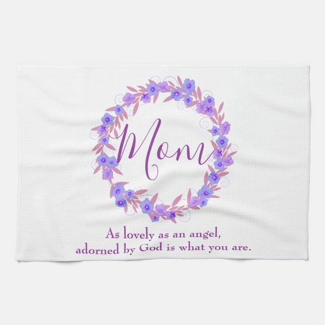 Mum themed Purple and blue floral wreath Tea Towel (Horizontal)