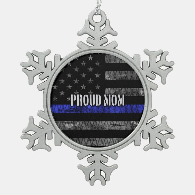 Mum Thin Blue Line Distressed Flag Snowflake Pewter Christmas Ornament (Front)