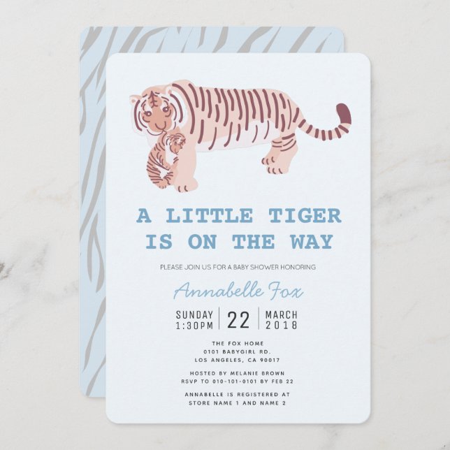 Mum Tiger Carry Cub Blue Baby Shower Invitation (Front/Back)