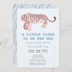 Mum Tiger Carry Cub Blue Baby Shower Invitation