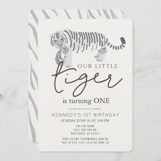 Mum Tiger & Cub Modern Cream 1st Birthday Invitation (Front/Back)