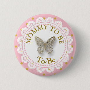 Mum To Be Baby Shower Pink & Gold Butterfly Button