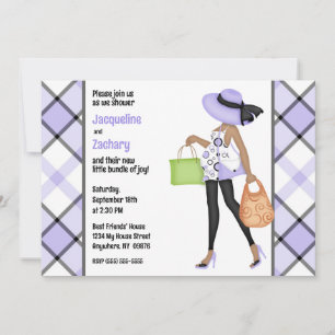Mum-to-Be (dark skin) Purple Plaid Baby Shower Invitation