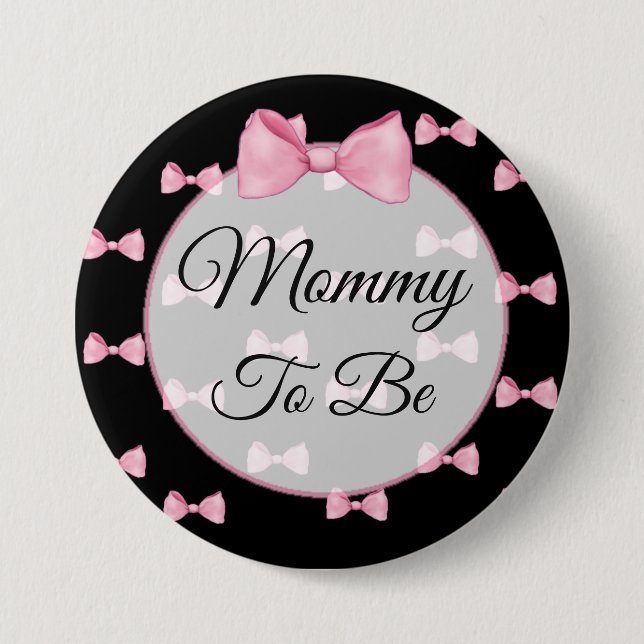 Mum to be Pink Bow Baby Shower Button Black (Front)
