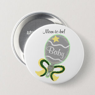 Mum-To-Be Yellow Star Green Bow Baby Rattle Shower 7.5 Cm Round Badge