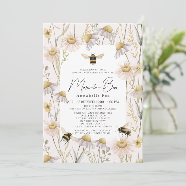 Mum to Bee Chamomile Pink Drive-by Baby Shower Invitation (Standing Front)