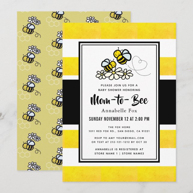 Mum to Bee Cute Yellow Baby Shower Invitation (Front/Back)