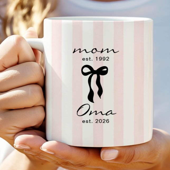 Mum to Oma Mug Pink Bow Stripes (Creator Uploaded)