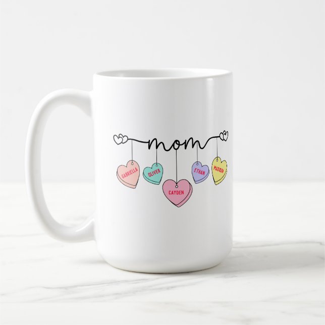Mum Valentines Kids Name Convo Hearts Coffee Mug (Left)