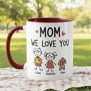Mum We Love You Kids and Dog Family Names Mug