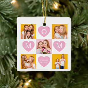 Mum We Love You Kids Names 6 Photo Collage Heart Ceramic Ornament