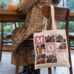 Mum We Love You | Modern 6 Photo Colour Block  Tote Bag<br><div class="desc">Customise this unique tote bag with 6 square photos arranged in a grid collage layout. Featuring "Mum" going diagonal on ombre pink squares and additional square on the bottom for a custom message. Keep "we love you" as is or change to your custom endearment. All colours can be changed. Whether...</div>