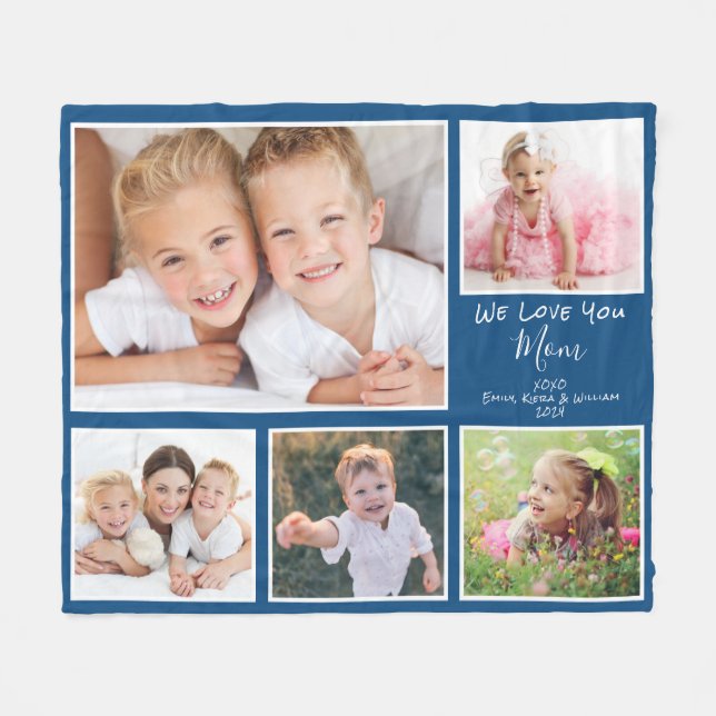 Mum We Love You Photo Collage Blue Fleece Blanket (Front (Horizontal))