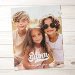 Mum we love you photo heartswhite text mothers day jigsaw puzzle<br><div class="desc">Jig saw puzzle featuring your custom photo and the text "Mum,  we love you" and little white hearts.</div>