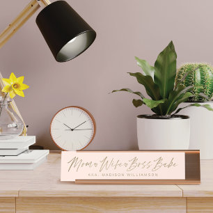 Mum, Wife, Boss Babe Trendy Brush Script Pink Desk Name Plate