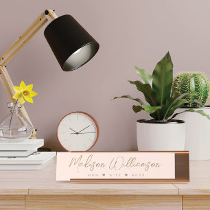 Mum, Wife, Boss Custom Elegant Trendy Script Pink Desk Name Plate