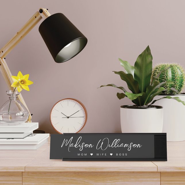 Mum, Wife, Boss Trendy Brush Script Black Desk Name Plate (Creator Uploaded)
