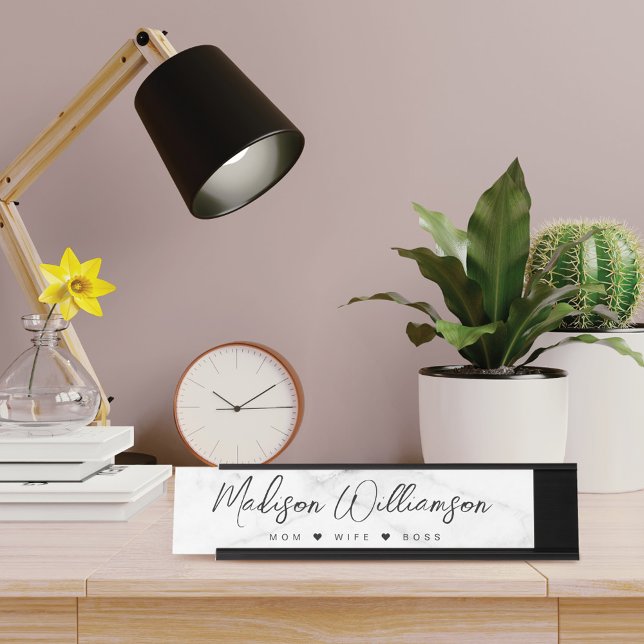 Mum, Wife, Boss Trendy Brush Script Faux Marble Desk Name Plate (Creator Uploaded)