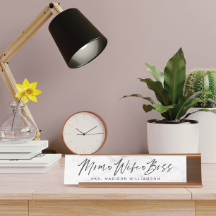 Mum, Wife, Boss Trendy Brush Script & White Marble Desk Name Plate