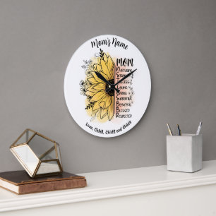 Mum Words Dahlia Flower Customisable Kid Names Large Clock