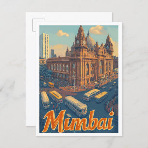 Mumbai India Art Vintage Travel Illustration Postcard