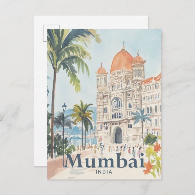 Mumbai India Watercolor Painting Travel Postcard (Front/Back)
