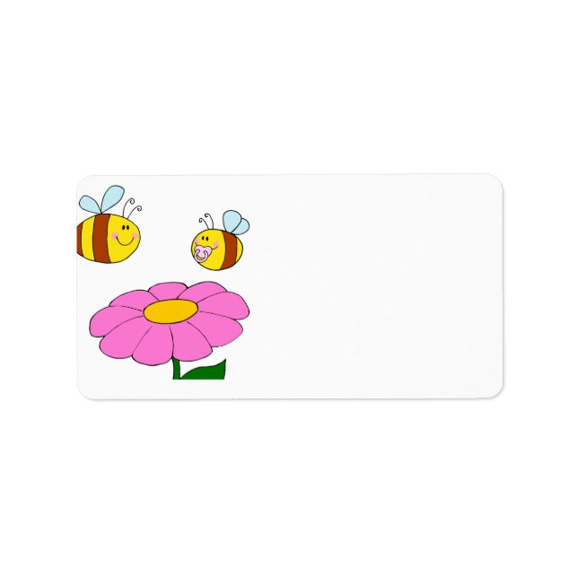 mummy and baby bee flying over flower cartoon label (Front)