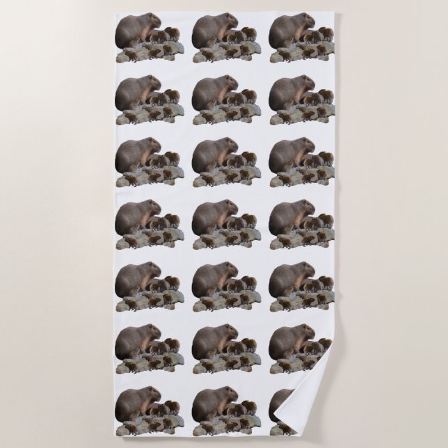 Mummy And Baby Capybaras, Beach Towel (Front)