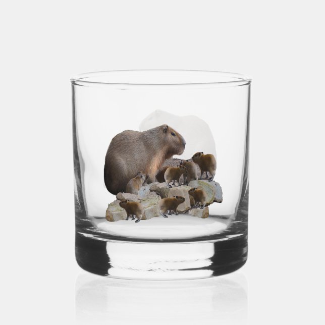 Mummy And Baby Capybaras, Whiskey Glass (Front)