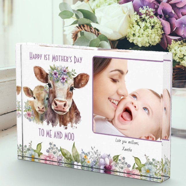 Mummy and Baby Cow Me and Moo Mother's Day Photo Block (Mother's Day photo block with cute mommy and baby cow and fun pun to Me and Moo)