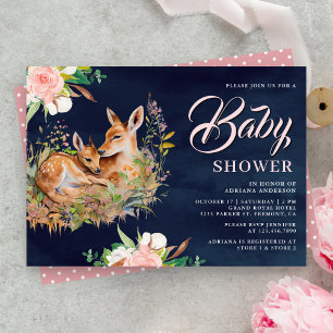 Mummy and Baby Deer Floral Navy Blue Baby Shower Invitation