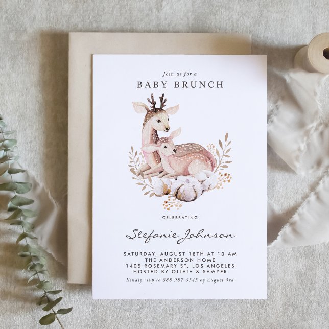 Mummy and Baby Deer Woodland Baby Brunch Invitation (Woodland theme baby brunch invitation featuring watercolor mommy and baby deer illustration. )