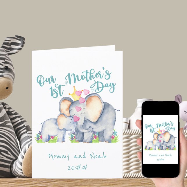 Mummy and Baby Elephant Teal 1st Mothers Day Card (Creator Uploaded)