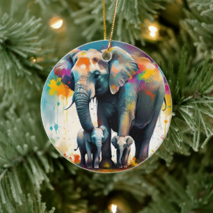 Mummy And Baby Elephants Colour Splash, Ceramic Ornament