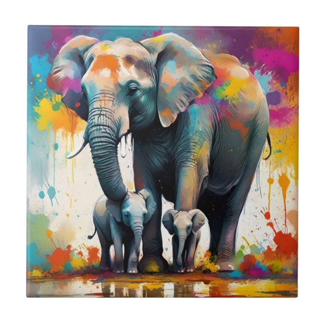 Mummy And Baby Elephants Colour Splash, Ceramic Tile (Front)