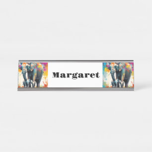 Mummy And Baby Elephants Colour Splash, Desk Name Plate
