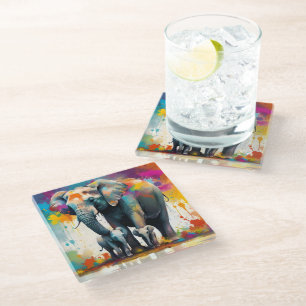 Mummy And Baby Elephants Colour Splash, Glass Coaster