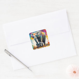 Mummy And Baby Elephants Colour Splash, Square Sticker