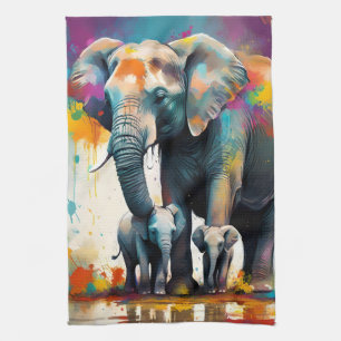Mummy And Baby Elephants Colour Splash, Tea Towel